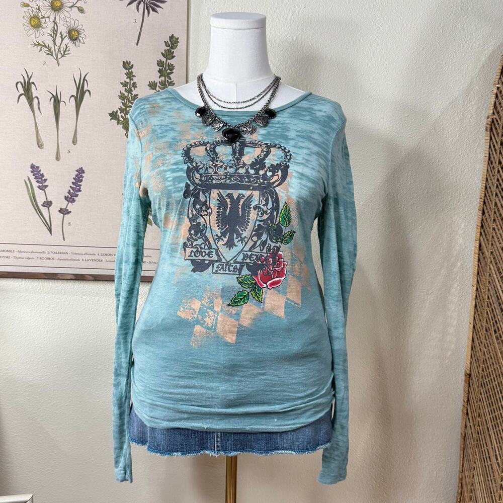 Y2k Crown Rose Embellished Rhinestone Burnout Top Trashy McBling Fairy Grunge L